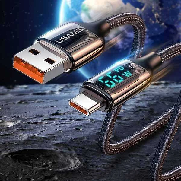 USAMS Braided Kabelis U78 USB-C 1.2m LED 6A Fast Charging juodos spalvos SJ544USB01 (US-SJ544)