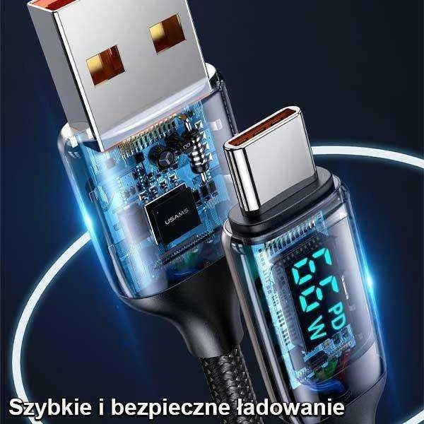 USAMS Braided Kabelis U78 USB-C 1.2m LED 6A Fast Charging juodos spalvos SJ544USB01 (US-SJ544)