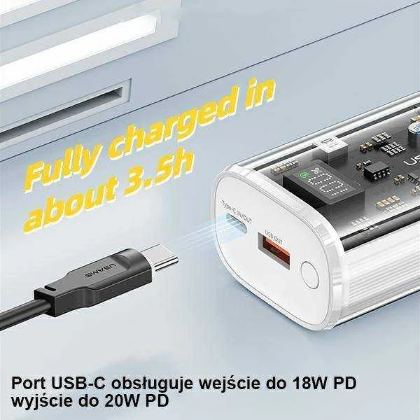 USAMS išorinė baterija 9000mAh PD 20W QC3.0+PD dviejų prievadų greito įkrovimo baltas 10KCD18902 (US-CD189)