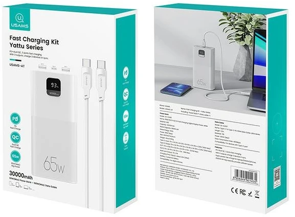 USAMS Powerbank PB68 30000mAh 65WQC3.0+PD Fast Charge + USB-C/USB-C cable 100W baltas ATXLOGTCT