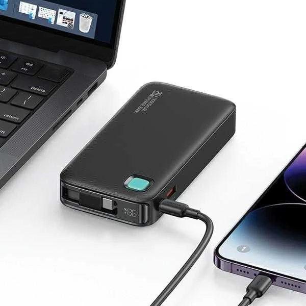 USAMS nešiojama baterija su ištraukiamu USB-C laidu, 10000 mAh PD 20W greito įkrovimo XY serijos juodos spalvos