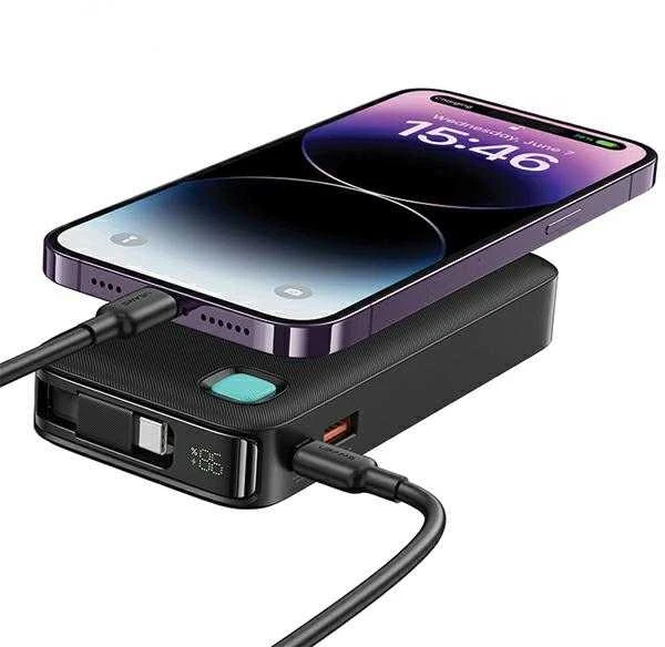USAMS nešiojama baterija su ištraukiamu USB-C laidu, 10000 mAh PD 20W greito įkrovimo XY serija, baltos spalvos