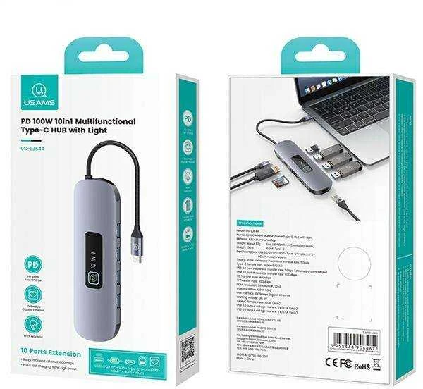 USAMS adapteris šakotuvas 10in1 3xUSB 3.0/TF/SD/USB-C/HDMI/RJ45/VGA PD100W pilka/tamsiai SJ644HUB01