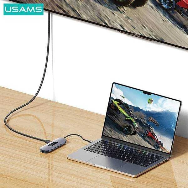 USAMS adapteris šakotuvas 10in1 3xUSB 3.0/TF/SD/USB-C/HDMI/RJ45/VGA PD100W pilka/tamsiai SJ644HUB01