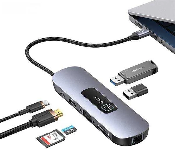 USAMS adapteris šakotuvas 10in1 3xUSB 3.0/TF/SD/USB-C/HDMI/RJ45/VGA PD100W pilka/tamsiai SJ644HUB01