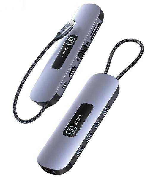USAMS adapteris šakotuvas 10in1 3xUSB 3.0/TF/SD/USB-C/HDMI/RJ45/VGA PD100W pilka/tamsiai SJ644HUB01