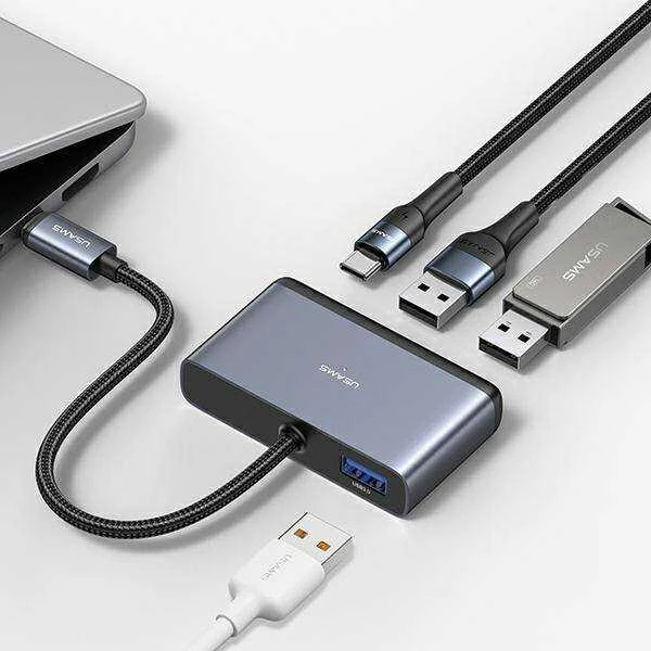 USAMS Adapteris HUB 4in1 2xUSB 2.0/USB 3.0/USB-C pilka/dark pilka SJ627HUB01 (US-SJ627)