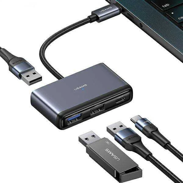 USAMS Adapteris HUB 4in1 2xUSB 2.0/USB 3.0/USB-C pilka/dark pilka SJ627HUB01 (US-SJ627)