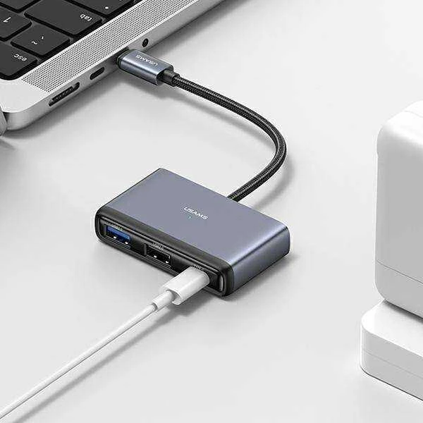 USAMS Adapteris HUB 4in1 2xUSB 2.0/USB 3.0/USB-C pilka/dark pilka SJ627HUB01 (US-SJ627)
