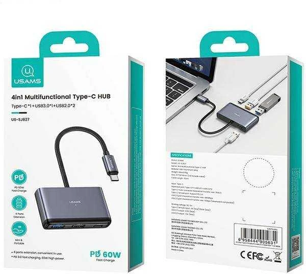 USAMS Adapteris HUB 4in1 2xUSB 2.0/USB 3.0/USB-C pilka/dark pilka SJ627HUB01 (US-SJ627)