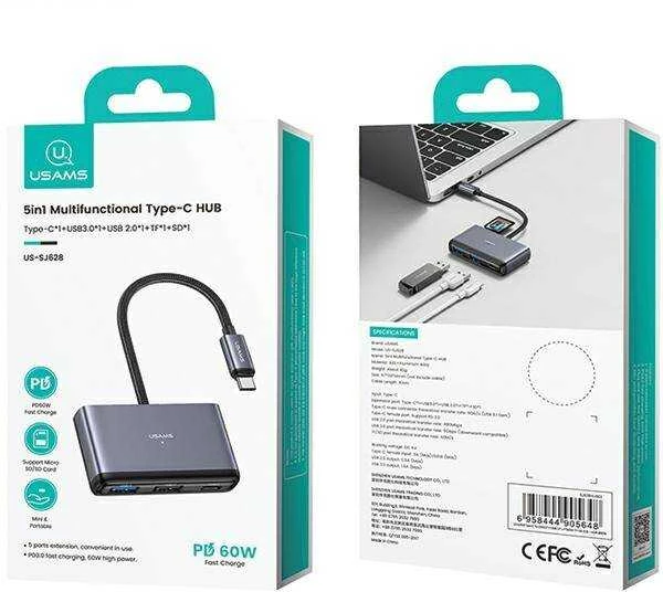 USAMS Adapteris HUB 5in1 USB 2.0/USB 3.0/USB-C/TF/SD pilka/dark pilka SJ628HUB01 (US-SJ628)