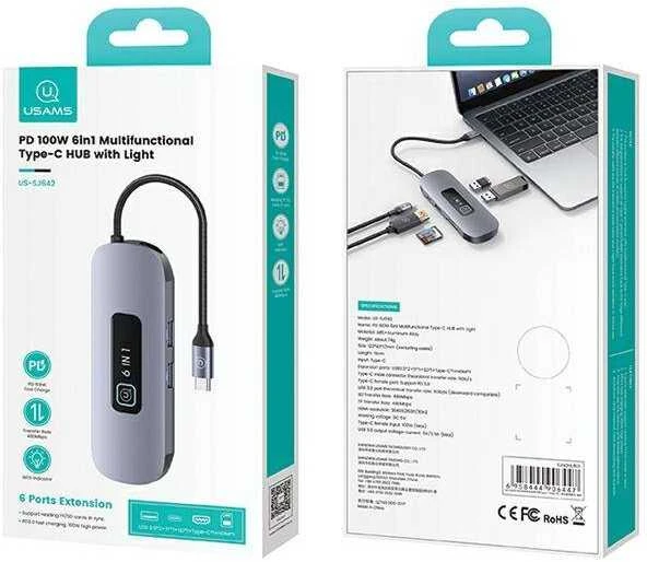 USAMS šakotuvas HUB 6in1 2xUSB 3.0/TF/SD/ USB-C/HDMI PD100W pilkos spalvos SJ642HUB01 (US-SJ642)