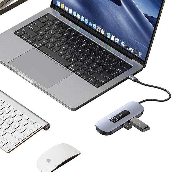 USAMS šakotuvas HUB 6in1 2xUSB 3.0/TF/SD/ USB-C/HDMI PD100W pilkos spalvos SJ642HUB01 (US-SJ642)