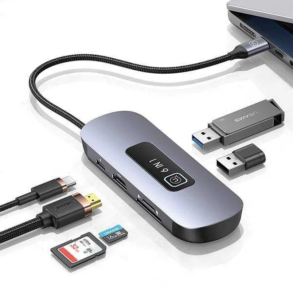 USAMS šakotuvas HUB 6in1 2xUSB 3.0/TF/SD/ USB-C/HDMI PD100W pilkos spalvos SJ642HUB01 (US-SJ642)