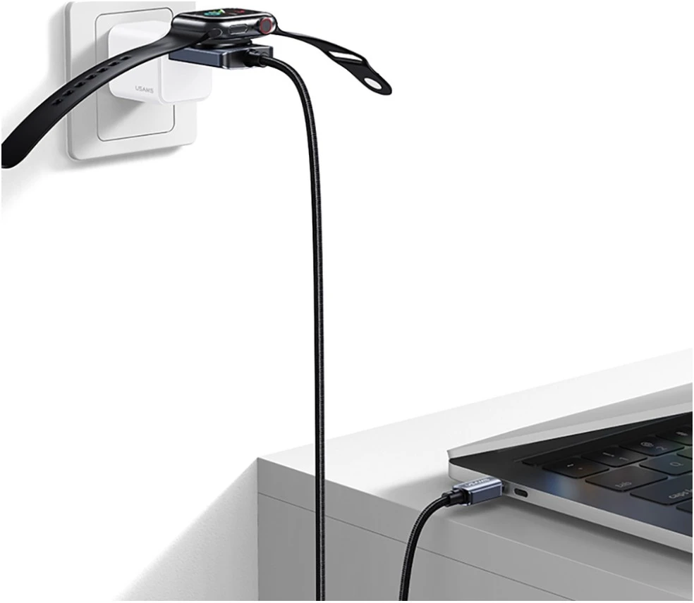USAMS SJ821 U113 greitojo įkrovimo 100W USB-C į USB-C laidas + belaidis laikrodžio įkroviklis 1.2 m juodas