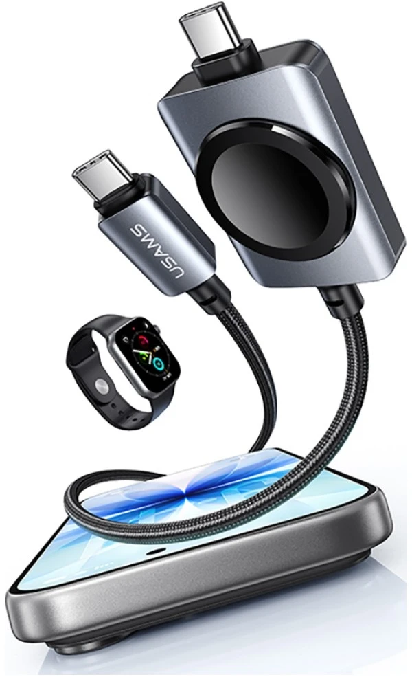 USAMS SJ821 U113 greitojo įkrovimo 100W USB-C į USB-C laidas + belaidis laikrodžio įkroviklis 1.2 m juodas