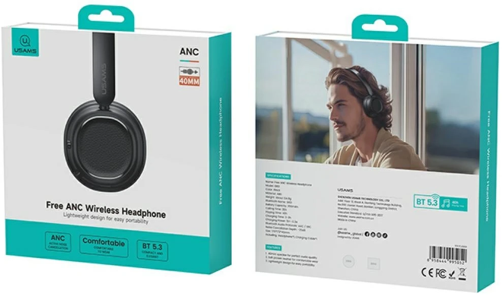 USAMS SR01 Bluetooth 5.3 ANC ausinės juodos spalvos