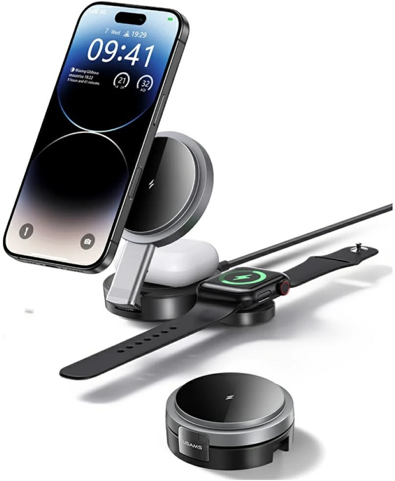 USAMS sulankstomas 3 viename 15W indukcinis telefono/Apple Watch/ausinės įkrovimas CD234WXC01 (US-CD234)