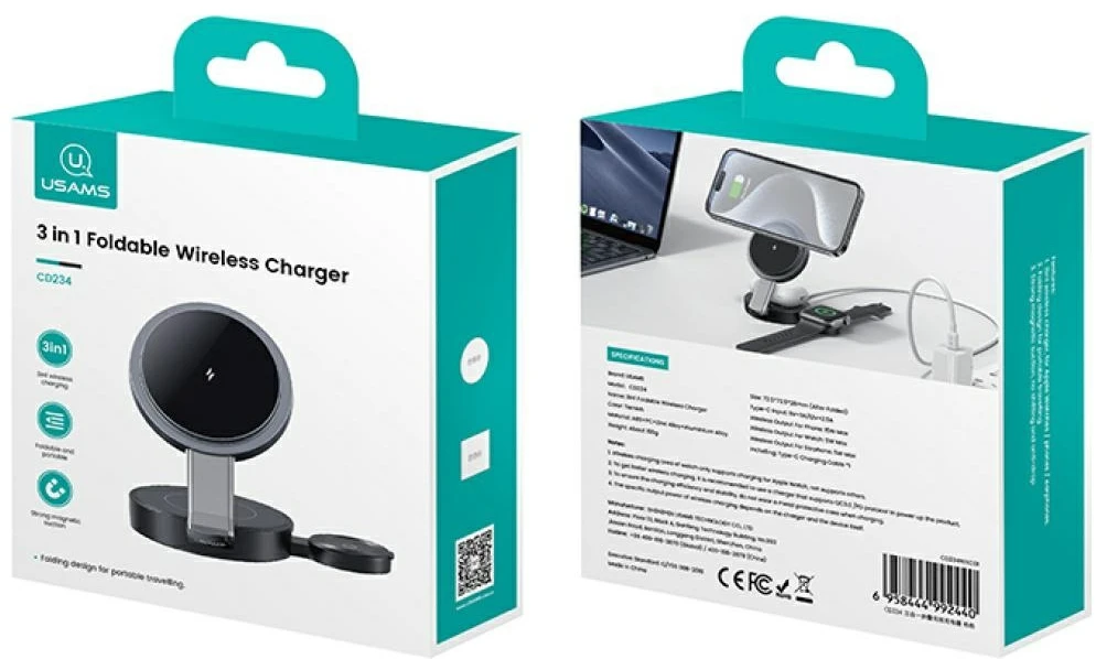 USAMS sulankstomas 3 viename 15W indukcinis telefono/Apple Watch/ausinės įkrovimas CD234WXC01 (US-CD234)