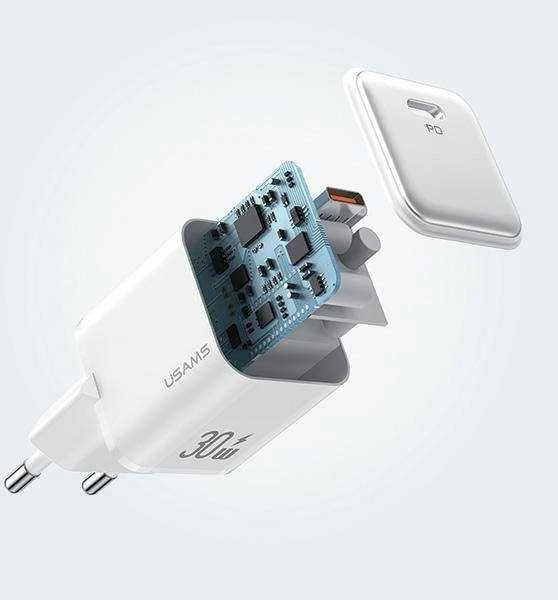 USAMS įkroviklis 1xUSB-C PD30W 3A (tik antgalis) PD3.0 greito įkrovimo baltos spalvos X-ron serijos CC186TC02