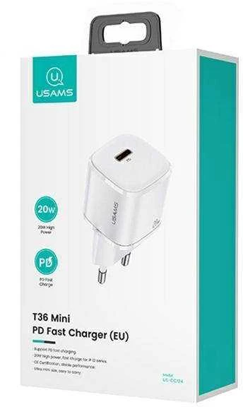 USAMS Laidinis įkroviklis 1xUSB-C T36 mini 20W + USB-C to Lightning cable baltos spalvos PD3.0 Fast Charging XFKXLOG