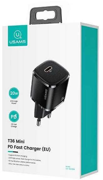 USAMS Laidinis įkroviklis 1xUSB-C T36 mini 20W + USB-C to Lightning cable juodos spalvos PD3.0 Fast Charging XFKXLO