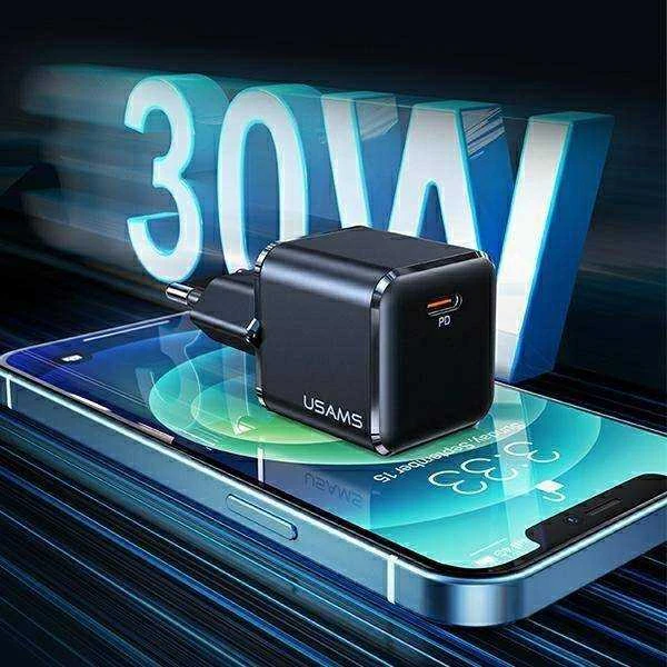 USAMS Tinklo įkroviklis 1xUSB-C T45 30W PD3.0 Fast Charging +kabelis U63 USB-C/Lightning juodos spalvos UXTZH01 (USAMS-UX)