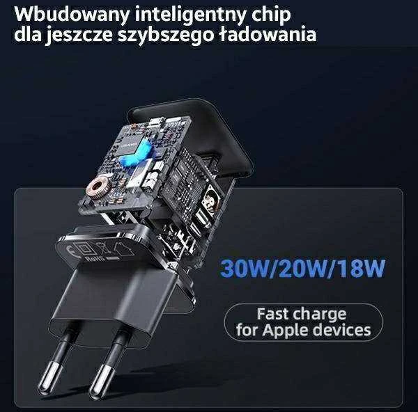 USAMS Tinklo įkroviklis 1xUSB-C T45 30W PD3.0 Fast Charging +kabelis U63 USB-C/Lightning juodos spalvos UXTZH01 (USAMS-UX)
