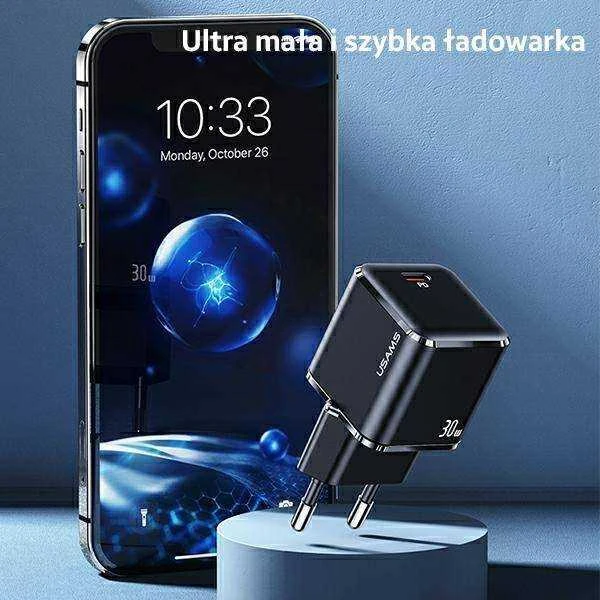 USAMS Tinklo įkroviklis 1xUSB-C T45 30W PD3.0 Fast Charging +kabelis U63 USB-C/Lightning juodos spalvos UXTZH01 (USAMS-UX)