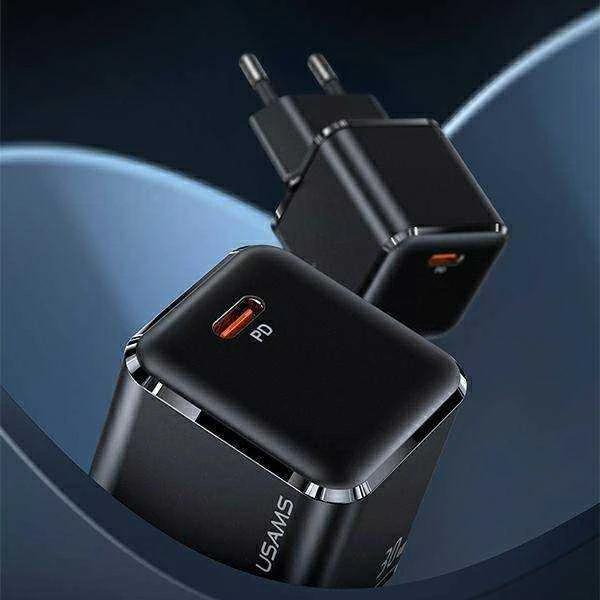 USAMS Tinklo įkroviklis 1xUSB-C T45 30W PD3.0 Fast Charging +kabelis U63 USB-C/Lightning juodos spalvos UXTZH01 (USAMS-UX)