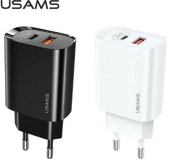 USAMS Laidinis įkroviklis 1xUSB-C + 1xUSB T35 20W (only head) PD3.0 + QC3.0 Fast Charging juodos spalvos CC121TC02