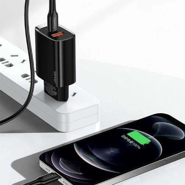 USAMS Laidinis įkroviklis 1xUSB-C + 1xUSB T35 20W (only head) PD3.0 + QC3.0 Fast Charging juodos spalvos CC121TC02