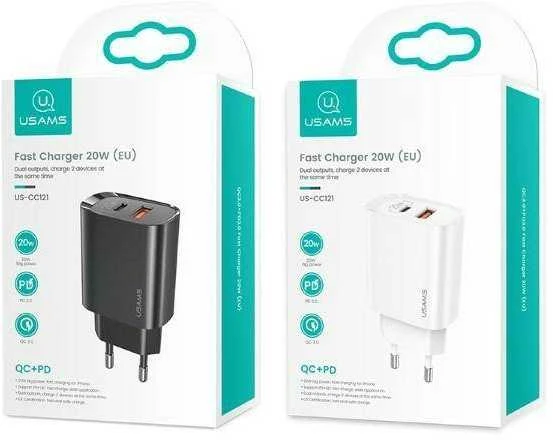 USAMS Laidinis įkroviklis 1xUSB-C + 1xUSB T35 20W (only head) PD3.0 + QC3.0 Fast Charging juodos spalvos CC121TC02