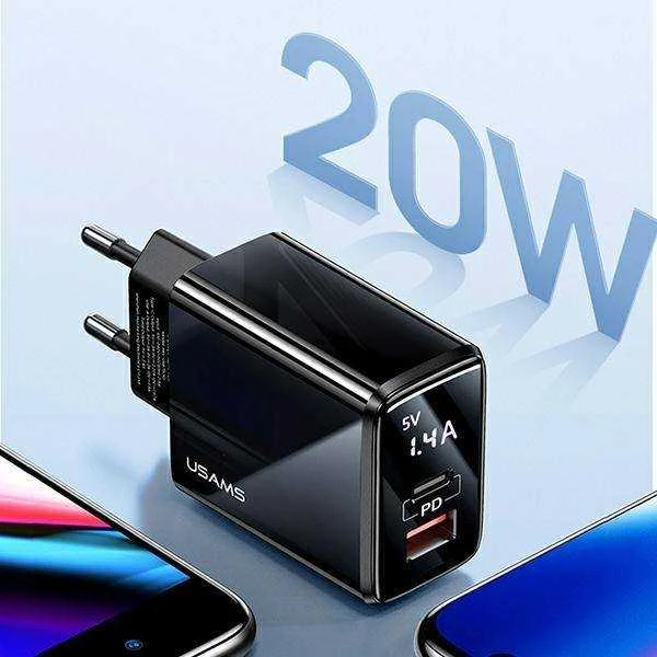 USAMS Laidinis įkroviklis 1xUSB-C + 1xUSB T40 20W LED (only head) PD3.0 + QC3.0 Fast Charging juodos spalvos CC133T