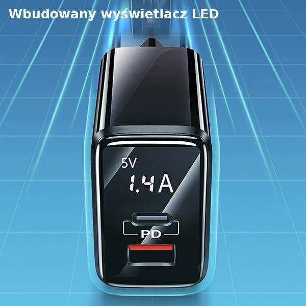 USAMS Laidinis įkroviklis 1xUSB-C + 1xUSB T40 20W LED (only head) PD3.0 + QC3.0 Fast Charging juodos spalvos CC133T