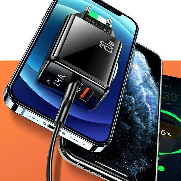 USAMS Laidinis įkroviklis 1xUSB-C + 1xUSB T40 20W LED (only head) PD3.0 + QC3.0 Fast Charging juodos spalvos CC133T