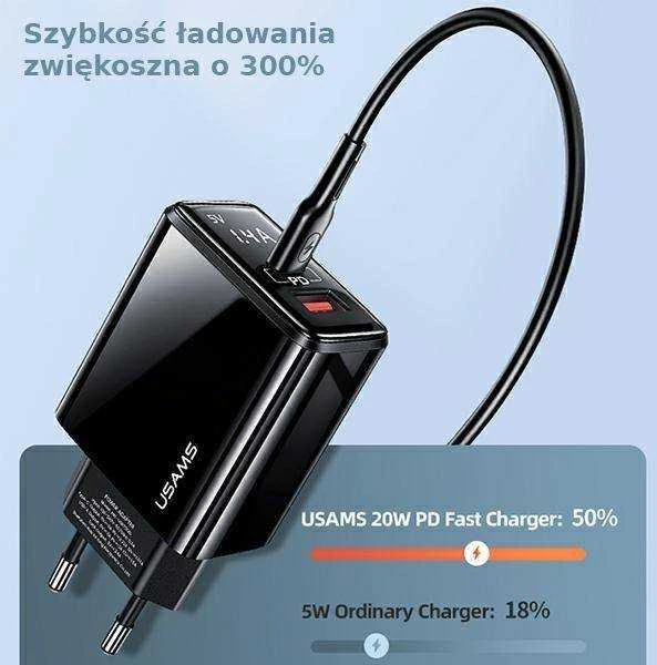 USAMS Laidinis įkroviklis 1xUSB-C + 1xUSB T40 20W LED (only head) PD3.0 + QC3.0 Fast Charging juodos spalvos CC133T