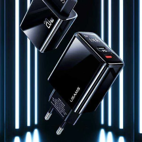 USAMS Laidinis įkroviklis 1xUSB-C + 1xUSB T40 20W LED (only head) PD3.0 + QC3.0 Fast Charging juodos spalvos CC133T