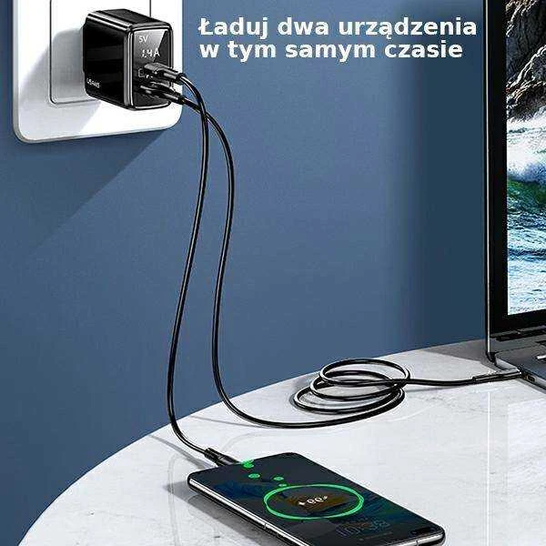 USAMS Laidinis įkroviklis 1xUSB-C + 1xUSB T40 20W LED (only head) PD3.0 + QC3.0 Fast Charging juodos spalvos CC133T