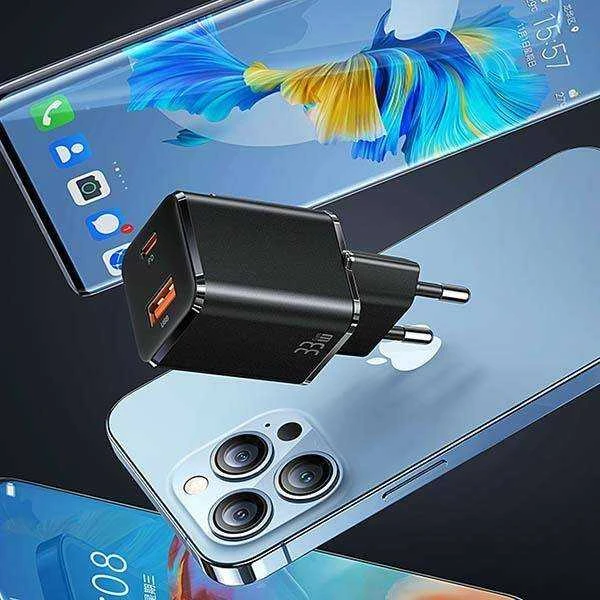 USAMS Laidinis įkroviklis 1xUSB-C+1xUSB T43 33W PD3.0 + QC3.0 + U63 cable USB-C to Lightning juodos spalvos USKT