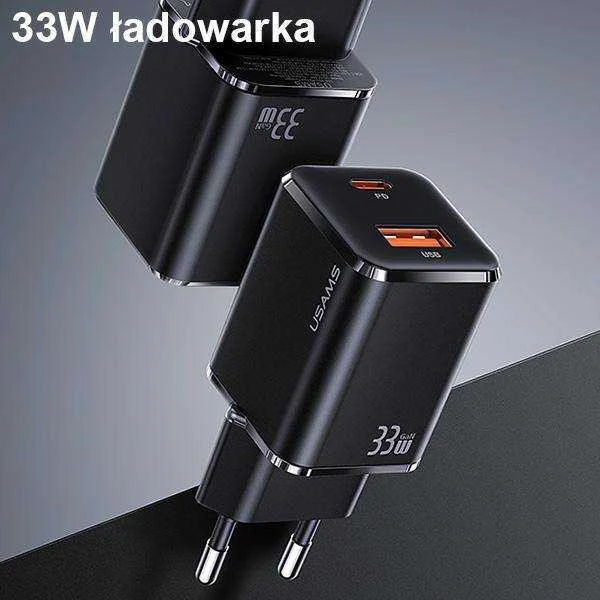 USAMS Laidinis įkroviklis 1xUSB-C+1xUSB T43 33W PD3.0 + QC3.0 + U63 cable USB-C to Lightning juodos spalvos USKT