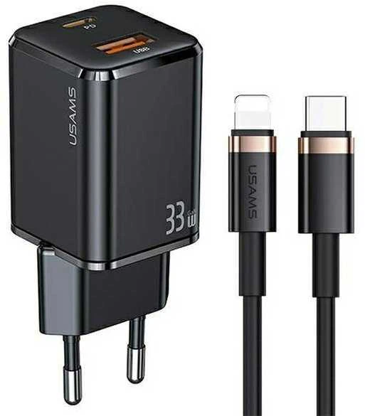 USAMS Laidinis įkroviklis 1xUSB-C+1xUSB T43 33W PD3.0 + QC3.0 + U63 cable USB-C to Lightning juodos spalvos USKT