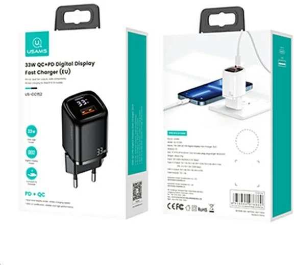 USAMS Laidinis įkroviklis 1xUSB-C + 1xUSB T46 33W (only head) PD3.0 + QC3.0 Fast Charging juodos spalvos CC152TC01