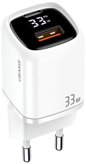 USAMS Laidinis įkroviklis 1xUSB-C + 1xUSB T46 33W (only head) PD3.0 + QC3.0 Fast Charging baltos spalvos CC152TC02