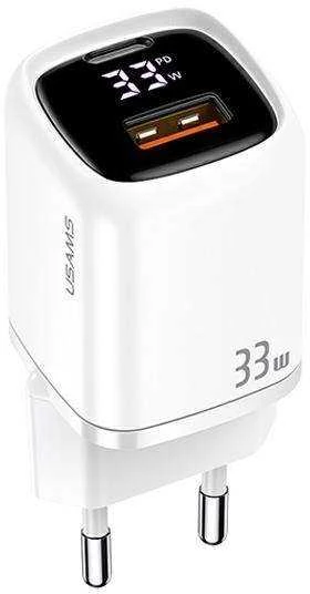USAMS Laidinis įkroviklis 1xUSB-C + 1xUSB T46 33W (only head) PD3.0 + QC3.0 Fast Charging baltos spalvos CC152TC02