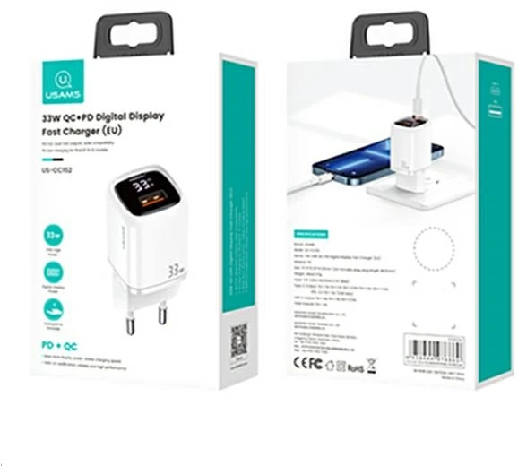 USAMS Laidinis įkroviklis 1xUSB-C + 1xUSB T46 33W (only head) PD3.0 + QC3.0 Fast Charging baltos spalvos CC152TC02