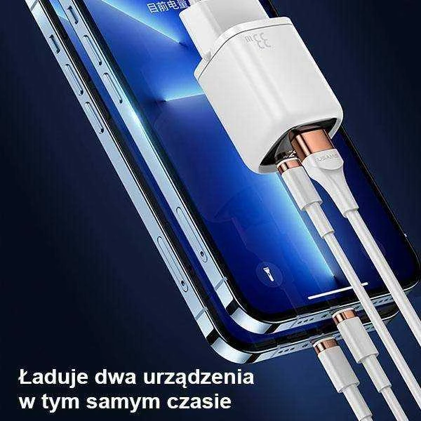 USAMS Laidinis įkroviklis 1xUSB-C + 1xUSB T46 33W (only head) PD3.0 + QC3.0 Fast Charging baltos spalvos CC152TC02