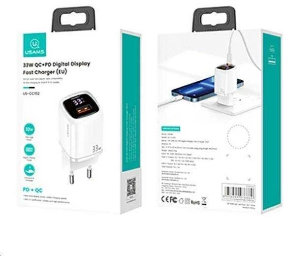 USAMS Laidinis įkroviklis 1xUSB-C + 1xUSB T46 33W (only head) PD3.0 + QC3.0 Fast Charging baltos spalvos CC152TC02