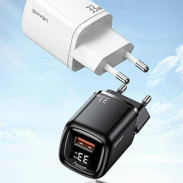 USAMS Laidinis įkroviklis 1xUSB-C + 1xUSB T46 33W (only head) PD3.0 + QC3.0 Fast Charging juodos spalvos CC152TC01