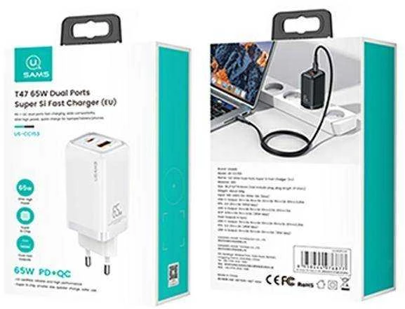 USAMS Laidinis įkroviklis 1xUSB-C+1xUSB T47 65W (only head) PD Fast Charging Super Si baltos spalvos CC153TC02 (US-C